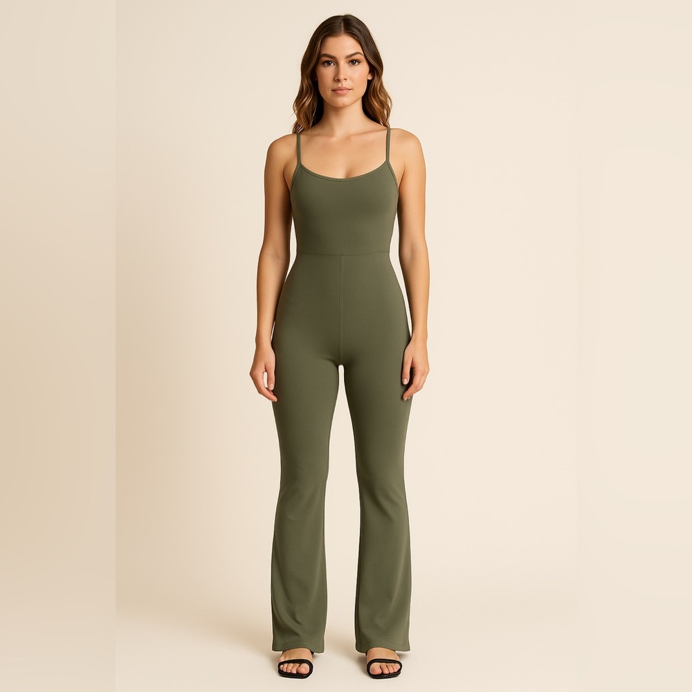 Olive Green Activewear Jumpsuit – Strappy Back, Flare Leg